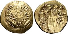 Byzantine Andronicus II Palaeologus, with Michael IX, 1282-1328. Hyperpyron (Electrum, 24 mm, 4.13 g, 6 h), Constantinopolis. Bust of Virgin Mary, orans, within city walls furnished with six groups of