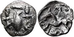 Celtic BRITAIN. Cantii. Uninscribed, 50/20 BC. Unit (Silver, 13 mm, 1.06 g, 12 h), 'Cantian Wine Carriers' type. Two men carrying a large wine amphora between them; in field, cabled bars and ring pell