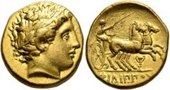 Greek KINGS OF MACEDON. Philip II, 359-336 BC. Stater (Gold, 19 mm, 8.61 g, 11 h), Pella, struck under Philip II or Alexander III, circa 340/36-328. Laureate head of Apollo to right. Rev. ΦΙΛΙΠΠΟΥ Cha