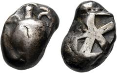 Greek ISLANDS OFF ATTICA, Aegina. Circa 525-480 BC. Stater (Silver, 20 mm, 11.91 g). Sea turtle seen from above, head in profile. Rev. Square incuse with 'proto-skew' pattern. Asyut Group VIb, 521-32.