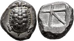 Greek ISLANDS OFF ATTICA, Aegina. Circa 456/45-431 BC. Stater (Silver, 21 mm, 11.69 g). Land tortoise with segmented shell. Rev. Incuse square with skew pattern. HGC 6, 437. Meadows, Aegina, Group III