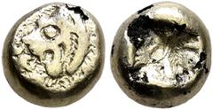 Greek KINGS OF LYDIA. Alyattes, circa 610-560 BC. Hemihekte – 1/12 Stater (Subaeratus, 7 mm, 0.79 g), a contemporary plated imitation. Head of roaring lion left; traces of 'walwel' (in Lydian) downwar
