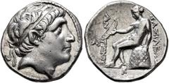 Greek SELEUKID KINGS. Antiochos I Soter, 281-261 BC. Drachm (Silver, 18 mm, 4.13 g, 1 h), Magnesia on the Maeander. Diademed head of Antiochos I to right. Rev. BAΣIΛEΩΣ - ANTIOXOY Apollo seated left o