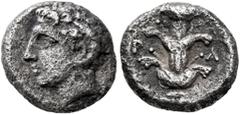 Greek KYRENAICA. Kyrene. Circa 375-305 BC. Hemidrachm (Silver, 17 mm, 1.95 g, 10 h), Attic standard, uncertain magistrate. Head of Karneios to left, with a ram's horn over his ear; behind, magistate's
