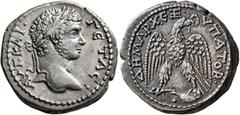Roman Provincial SYRIA, Seleucis and Pieria. Antioch. Geta, 209-211. Tetradrachm (Billon, 28 mm, 14.83 g, 12 h), circa 209. ΑΥΤ•ΚΑΙ•ΓЄΤΑC• Laureate head of Geta to right. Rev. ΔΗΜΑΡΧ•ЄΞ•ΥΠΑ•ΤΟ•Β• Eagl