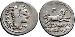 Roman Republican & Imperatorial L. Thorius Balbus, 105 BC. Denarius (Silver, 20 mm, 3.77 g, 4 h), Rome. I•S•M•R Head of Juno Sospita to right, wearing goat-skin headdress. Rev. L•THORIVS / BALBVS Bull