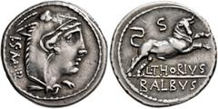 Roman Republican & Imperatorial L. Thorius Balbus, 105 BC. Denarius (Silver, 21 mm, 3.88 g, 7 h), Rome. I•S•M•R Head of Juno Sospita to right, wearing goat-skin headdress. Rev. L•THORIVS / BALBVS Bull