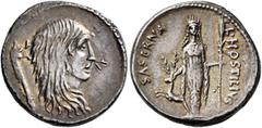 Roman Republican & Imperatorial L. Hostilius Saserna, 48 BC. Denarius (Silver, 19 mm, 4.07 g, 9 h), Rome. Bare head of Gallia to right, wearing long hair; to left, carnyx (Gallic trumpet). Rev. HOSTIL