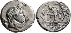 Roman Republican & Imperatorial Sextus Pompey, 43-35 BC. Denarius (Silver, 18 mm, 3.87 g, 12 h), military mint in Sicily, 37-36 BC. [MAG•PIVS•IMP•IT]ER Bare head of Cn. Pompeius Magnus to right; to le