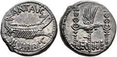 Roman Republican & Imperatorial Mark Antony, 44-30 BC. Denarius (Silver, 16 mm, 3.80 g, 6 h), military mint moving with Mark Antony (Patrae?), 32-31. ANT AVG - III VIR•R•P•C Galley right, with scepter