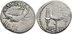 Roman Republican & Imperatorial Mark Antony, 44-30 BC. Denarius (Silver, 18 mm, 3.99 g, 6 h), military mint moving with Mark Antony (Patrae?), 32-31. ANT AVG - III VIR•R•P•C Galley right, with scepter