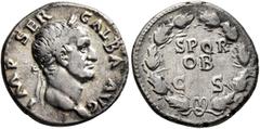 Roman Imperial Galba, 68-69. Denarius (Silver, 18 mm, 3.31 g, 5 h), Rome, 2nd half of June 68-January 69. IMP SER GALBA AVG Bare head of Galba to right. Rev. S P Q R / OB / C S in three lines within o