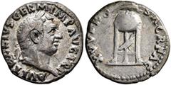 Roman Imperial Vitellius, 69. Denarius (Silver, 17 mm, 3.15 g, 7 h), Rome, late April-20 December 69. A VITELLIVS GERM IMP AVG TR P Laureate head of Vitellius to right. Rev. XV VIR SACR FAC Tripod wit