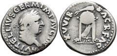 Roman Imperial Vitellius, 69. Denarius (Silver, 19 mm, 3.19 g, 6 h), Rome, late April-20 December 69. A VITELLIVS GERM IMP AVG TR P Laureate head of Vitellius to right. Rev. XV VIR SACR FAC Tripod wit
