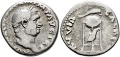 Roman Imperial Vitellius, 69. Denarius (Silver, 17 mm, 3.14 g, 6 h), Rome, late April-20 December 69. A VITELLIVS GERM IMP AVG TR P Laureate head of Vitellius to right. Rev. XV VIR SACR FAC Tripod wit