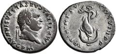 Roman Imperial Titus, 79-81. Denarius (Silver, 18.5 mm, 3.23 g, 12 h), Rome, 80. IMP TITVS CAES VESPASIAN AVG P M Laureate head of Titus to right. Rev. TR P IX IMP XV COS VIII P P Dolphin coiled aroun