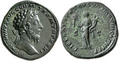 Roman Imperial Marcus Aurelius, 161-180. Sestertius (Orichalcum, 32 mm, 28.15 g, 5 h), Rome, 176-177. M ANTONINVS AVG GERM SARM TR P XXXI Laureate head of Marcus Aurelius to right. Rev. LIBERALITAS AV