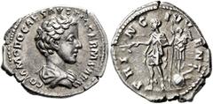 Roman Imperial Commodus, as Caesar, 166-177. Denarius (Silver, 20 mm, 3.28 g, 11 h), Rome, 175-176. COMMODO CAES AVG FIL GERM SARM Bare-headed and draped bust of Commodus to right, seen from behind. R