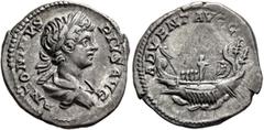 Roman Imperial Caracalla, 198-217. Denarius (Silver, 18 mm, 3.25 g, 6 h), Rome, 202. ANTONINVS PIVS AVG Laureate and draped bust of Caracalla to right, seen from behind. Rev. ADVENT AVGG Galley with f