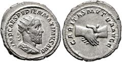 Roman Imperial Pupienus, 238. Antoninianus (Silver, 23 mm, 4.55 g, 12 h), Rome, circa April-June 238. IMP CAES PVPIEN MAXIMVS AVG Radiate, draped and cuirassed bust of Pupienus to right, seen from beh