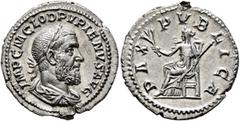 Roman Imperial Pupienus, 238. Denarius (Silver, 20 mm, 2.91 g, 6 h), Rome, circa April-June 238. IMP C M CLOD PVPIENVS AVG Laureate, draped and cuirassed bust of Pupienus to right, seen from behind. R