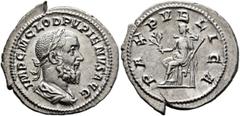 Roman Imperial Pupienus, 238. Denarius (Silver, 21 mm, 2.75 g, 6 h), Rome, circa April-June 238. IMP C M CLOD PVPIENVS AVG Laureate, draped and cuirassed bust of Pupienus to right, seen from behind. R