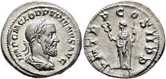 Roman Imperial Pupienus, 238. Denarius (Silver, 20 mm, 3.39 g, 12 h), Rome, circa April-June 238. IMP C M CLOD PVPIENVS AVG Laureate, draped and cuirassed bust of Pupienus to right, seen from behind. 