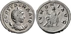 Roman Imperial Cornelia Supera, Augusta, 253. Antoninianus (Silver, 21 mm, 3.13 g, 12 h), Rome. COR SVPERA AVG Diademed and draped bust of Cornelia Supera set to right on crescent. Rev. IVNONI AVG Jun