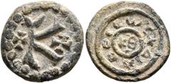 Byzantine Justinian I (?), 527-565. Half Follis (Lead, 18 mm, 4.18 g, 1 h), RY 29 = 555/6 (?). Large K between two crosses; all within border of large pellets. Rev. +ΔIAΔOCЄⲰC ('distribution') around 