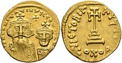 Byzantine Constans II, with Constantine IV, 641-668. Solidus (Gold, 20.3 mm, 4.43 g, 6 h), Constantinopolis, circa 654-659. δ N CONSTANTINЧS C CONSTAN Crowned and draped bust of Constans facing, with 