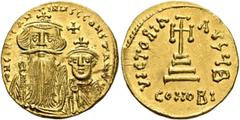 Byzantine Constans II, with Constantine IV, 641-668. Solidus (Gold, 20 mm, 4.49 g, 6 h), Constantinopolis, 654-659. δ N CONSTANTINЧS C CONSTANTI Crowned and draped bust of Constans facing, with long b