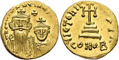 Byzantine Constans II, with Constantine IV, 641-668. Solidus (Gold, 19 mm, 4.50 g, 6 h), Constantinopolis, circa 654-659. δ N CONSTANTINЧS [C CONSTA...] Crowned and draped bust of Constans II facing, 