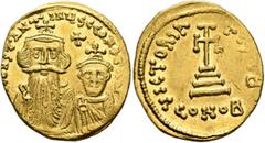 Byzantine Constans II, with Constantine IV, 641-668. Solidus (Gold, 20 mm, 4.44 g, 6 h), Constantinopolis, circa 654-659. [δ] N CONSTANTINЧS C CONSTAΝ Crowned and draped bust of Constans II facing, wi