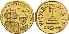 Byzantine Constans II, with Constantine IV, 641-668. Solidus (Gold, 20 mm, 4.45 g, 6 h), Constantinopolis, circa 654-659. δ N CONSTANTINЧS C CONSTAI Crowned and draped bust of Constans II facing, with