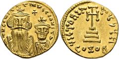 Byzantine Constans II, with Constantine IV, 641-668. Solidus (Gold, 21 mm, 4.50 g, 6 h), Constantinopolis, circa 654-659. δ N CONSTANTINЧS C CONSTA Crowned and draped bust of Constans II facing, with 