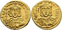 Byzantine Constantine V Copronymus, with Leo IV, 741-775. Solidus (Gold, 20 mm, 4.39 g, 6 h), Constantinopolis, circa 742-745. d LЄON P A MЧL' Crowned bust of Constantine's father Leo III facing, wear