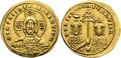 Byzantine Basil II Bulgaroktonos, with Constantine VIII, 976-1025. Histamenon (Gold, 24 mm, 4.41 g, 6 h), Constantinopolis, 1001-1005 (?). +IҺS XIS RЄX RЄGNANTIVm Nimbate bust of Christ facing, wearin