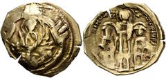 Byzantine Andronicus II Palaeologus, with Michael IX, 1282-1328. Hyperpyron (Electrum, 25 mm, 4.12 g, 6 h), Constantinopolis. Bust of Virgin Mary, orans, within city walls furnished with four groups o