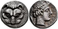 Greek BRUTTIUM. Rhegion. Circa 415/0-387 BC. Tetradrachm (Silver, 23 mm, 16.75 g, 12 h). Facing head of a lion. Rev. ΡHΓINON Head of Apollo to right, wearing laurel wreath; behind, olive sprig. Herzfe