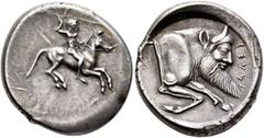 Greek SICILY. Gela. Circa 490/85-480/75 BC. Didrachm (Silver, 23 mm, 8.84 g, 8 h). Nude bearded warrior riding horse to right, brandishing spear with his right hand and holding reins in his left. Rev.