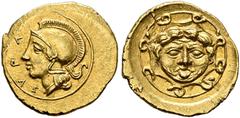 Greek SICILY. Syracuse. Second Democracy, 466-405 BC. 10 Litrai or Didrachm (Gold, 11 mm, 0.67 g, 6 h), 406/5. ΣYΡΑ Head of Athena to left, wearing crested Attic helmet. Rev. Aegis with facing gorgone