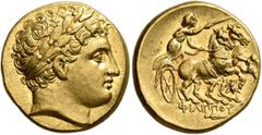 Greek KINGS OF MACEDON. Philip II, 359-336 BC. Stater (Gold, 18 mm, 8.66 g, 12 h), Magnesia on the Maeander, struck under Menander or Kleitos, circa 323-319. Laureate head of Apollo to right. Rev. ΦΙΛ