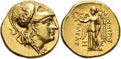 Greek KINGS OF MACEDON. Demetrios I Poliorketes, 306-283 BC. Stater (Gold, 18 mm, 8.64 g, 5 h), in the types of Alexander III. Amphipolis, circa 294-293. Head of Athena to right, wearing Corinthian he