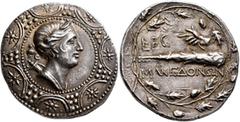 Greek MACEDON (ROMAN PROTECTORATE), Republican period. Roman embassy. Circa 148-147 BC. Tetradrachm (Silver, 32 mm, 17.00 g, 3 h), Attic standard, Amphipolis. Diademed and draped bust of Artemis to ri