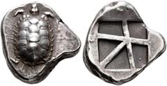 Greek ISLANDS OFF ATTICA, Aegina. Circa 456/45-431 BC. Stater (Silver, 22 mm, 12.08 g). Tortoise with segmented shell. Rev. Incuse square with skew pattern. HGC 6, 437. Meadows, Aegina, Group IIIb. Mi