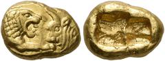 Greek KINGS OF LYDIA. Kroisos, circa 560-546 BC. 1/3 Stater (Gold, 10 mm, 2.72 g), light standard, Sardes. Confronted foreparts of a lion and a bull. Rev. Two incuse squares, one larger than the other