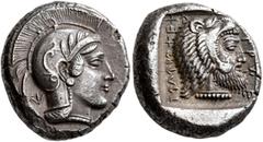 Greek DYNASTS OF LYCIA. Kherei, circa 440/30-410 BC. Stater (Silver, 20 mm, 8.44 g, 7 h), Telmessos. Head of Athena to right, wearing crested Attic helmet decorated with four olive leaves and palmette