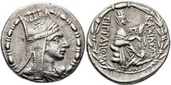 Greek KINGS OF ARMENIA. Tigranes the Younger, 77/6-66 BC. Tetradrachm (Silver, 27 mm, 16.18 g, 1 h), Tigranokerta (?), circa 71/0-69/8. Draped bust of Tigranes the Younger to right, wearing five-point