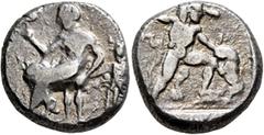 Greek CYPRUS. Kition (?). Circa mid to late 5th century BC. Stater (Silver, 22 mm, 10.32 g, 12 h). Male figure seated to left on throne, holding scepter surmounted by a bird in his right hand and plac