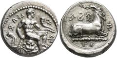 Greek CYPRUS. Salamis. Evagoras I, circa 411-374 BC. Stater (Silver, 24 mm, 11.14 g, 10 h). 𐠁-𐠄-𐠲𐠍𐠦 ('e-u-wa-ko-ro' in Cypriot syllabic script) Youthful Herakles, nude, seated right on rock drape